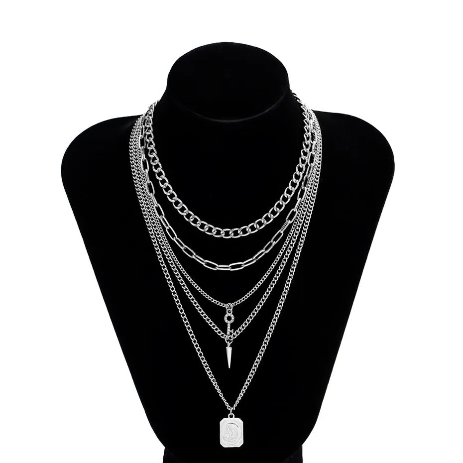 INGVN  Punk Multilayer Chains Chunky Necklace Set Goth Spike Rivet Portrait Key Pendant Necklace Women Men Statement Jewelry