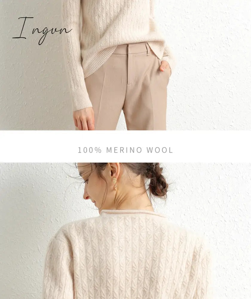 Ingvn - 100% Merino Wool Cashmere Sweater Women Winter Warm O-Neck Long Sleeve Ladies Pullover knitted Autumn Jumper Vintage Sweater