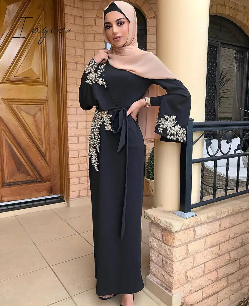 Ingvn - Spring Autumn Dresses for Women Embroidery Abaya Dubai Turkey Muslim Dress Evening Wedding Dress Kaftan Islamic Clothing Indian Dress Women Robe Vestidos