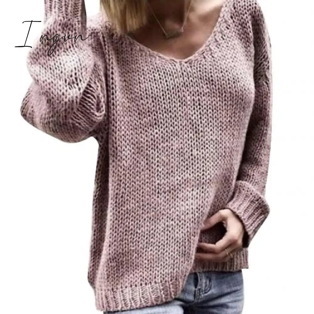 Ingvn - 2023 Casual Women Loose Solid Color Knitted Sweater V Neck Long Sleeve Top Women Clothing Pull Femme