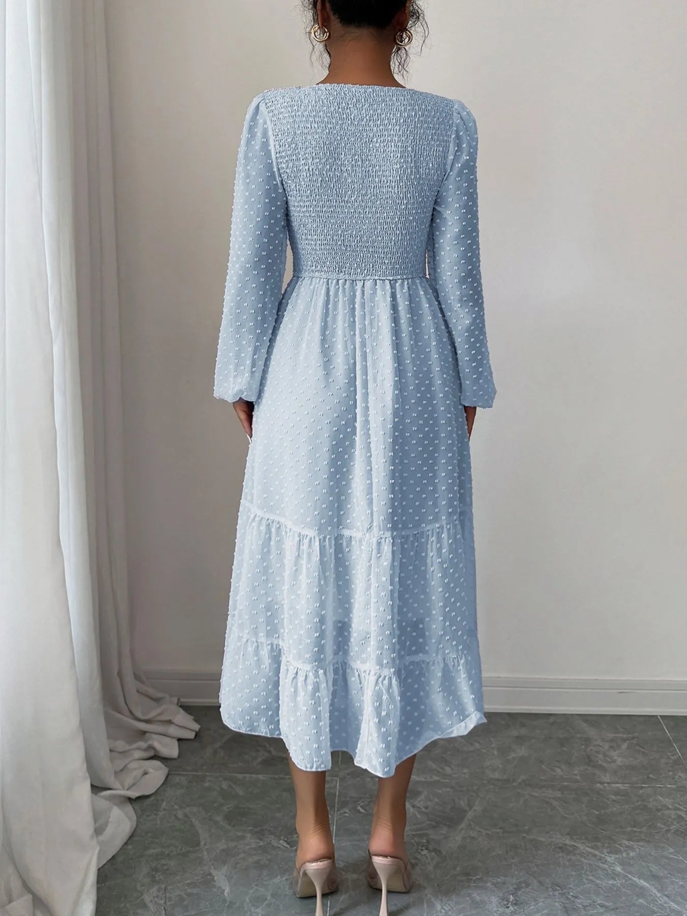 Polka Dot Long Sleeve Tiered Midi Dress