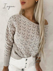 Ingvn - Women's Pullover Sweater Jumper Jumper Ribbed Knit Hollow Out Solid Color Off Shoulder Stylish Casual Outdoor Home Summer Fall Beige S M L