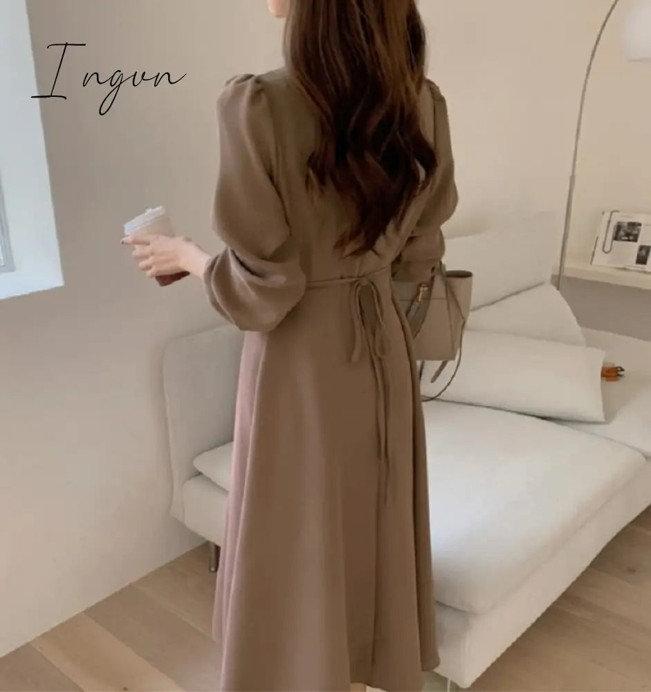 Ingvn - Chic Korean Fashion Women Temperament Office Lady Elegant Work Basic Wear Solid Vintage Long Dress Fenimine Vestidos N502
