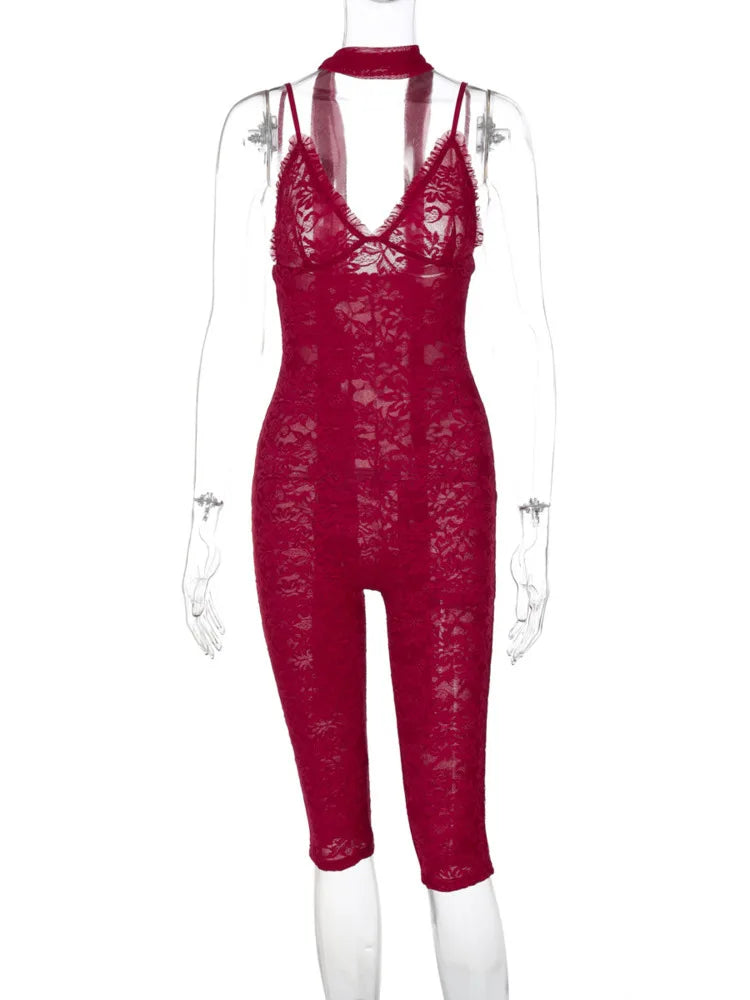 Red Lace Sexy Playsuits Women Rompers Halter Spaghetti Strap V Neck Sleeveless Backless Skinny Club Playsuits New
