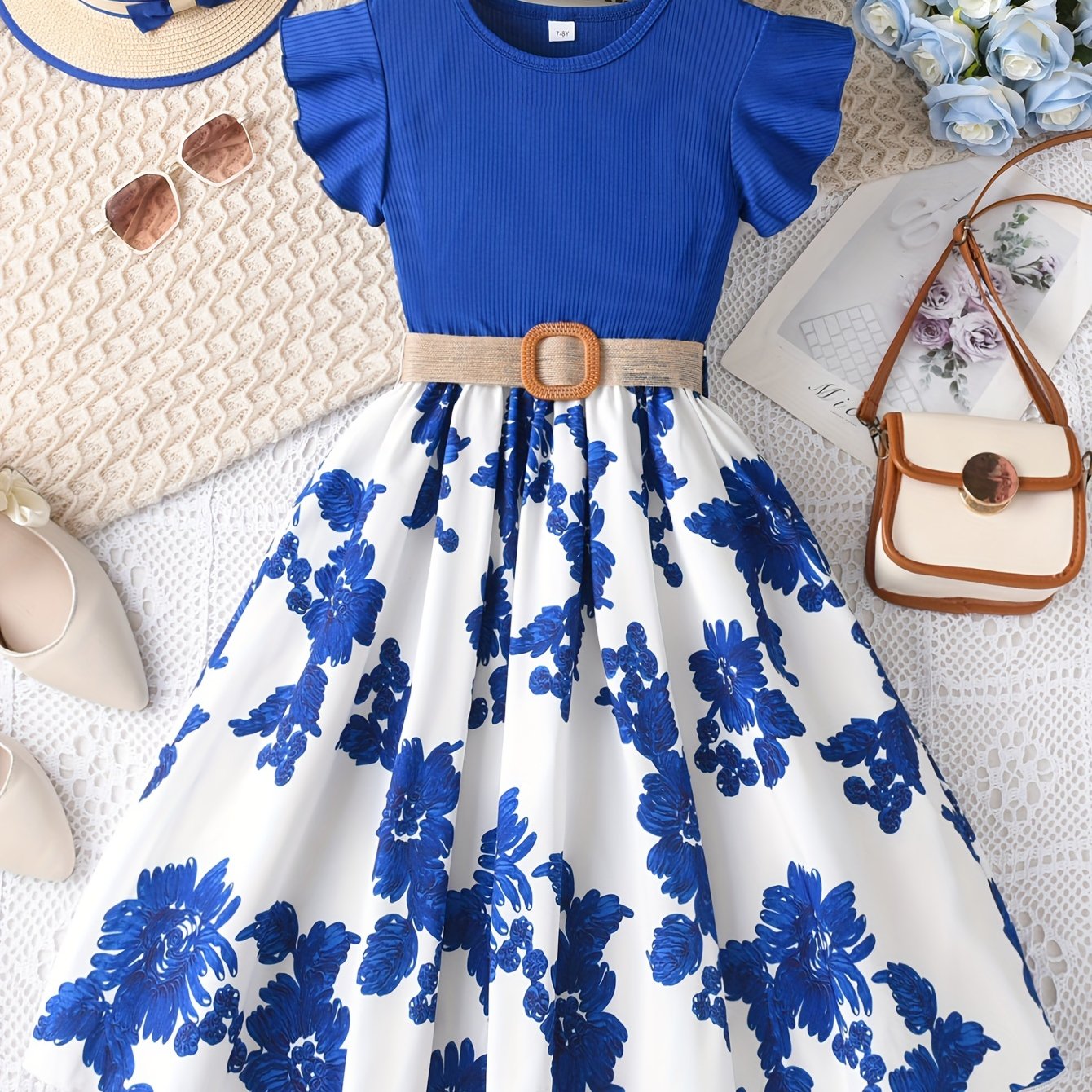 Girls Charming Floral Embroidered Dress - Soft Ribbed Flutter Sleeve - Perfect for Summer Casual Wear