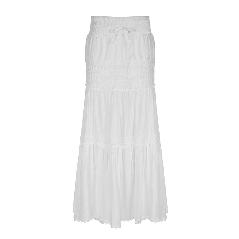 Lace stitching versatile slimming large swing super long dress holiday style casual loose lace-up low waist hot girl solid color skirt