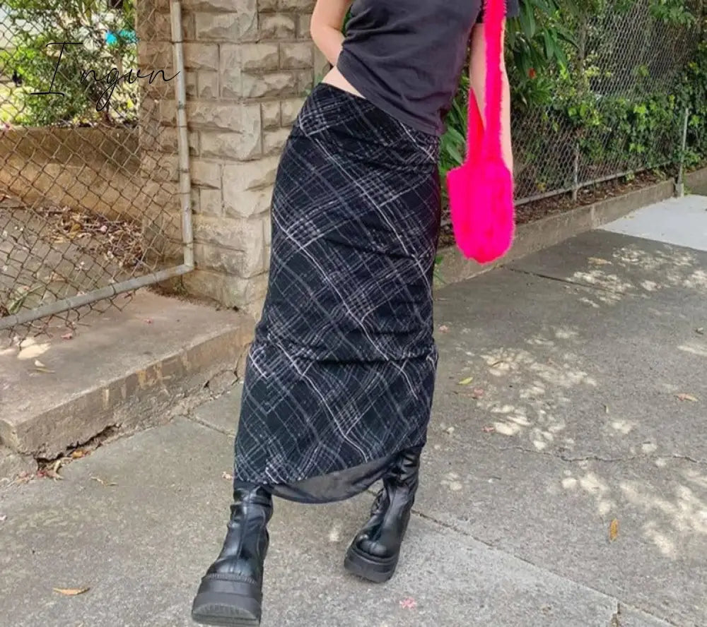Ingvn - Autumn Fairy Grunge Long Tulle Skirts Women Kawaii Plaid Black Skirt Harajuku Low waisted Skirt Korean Fashion