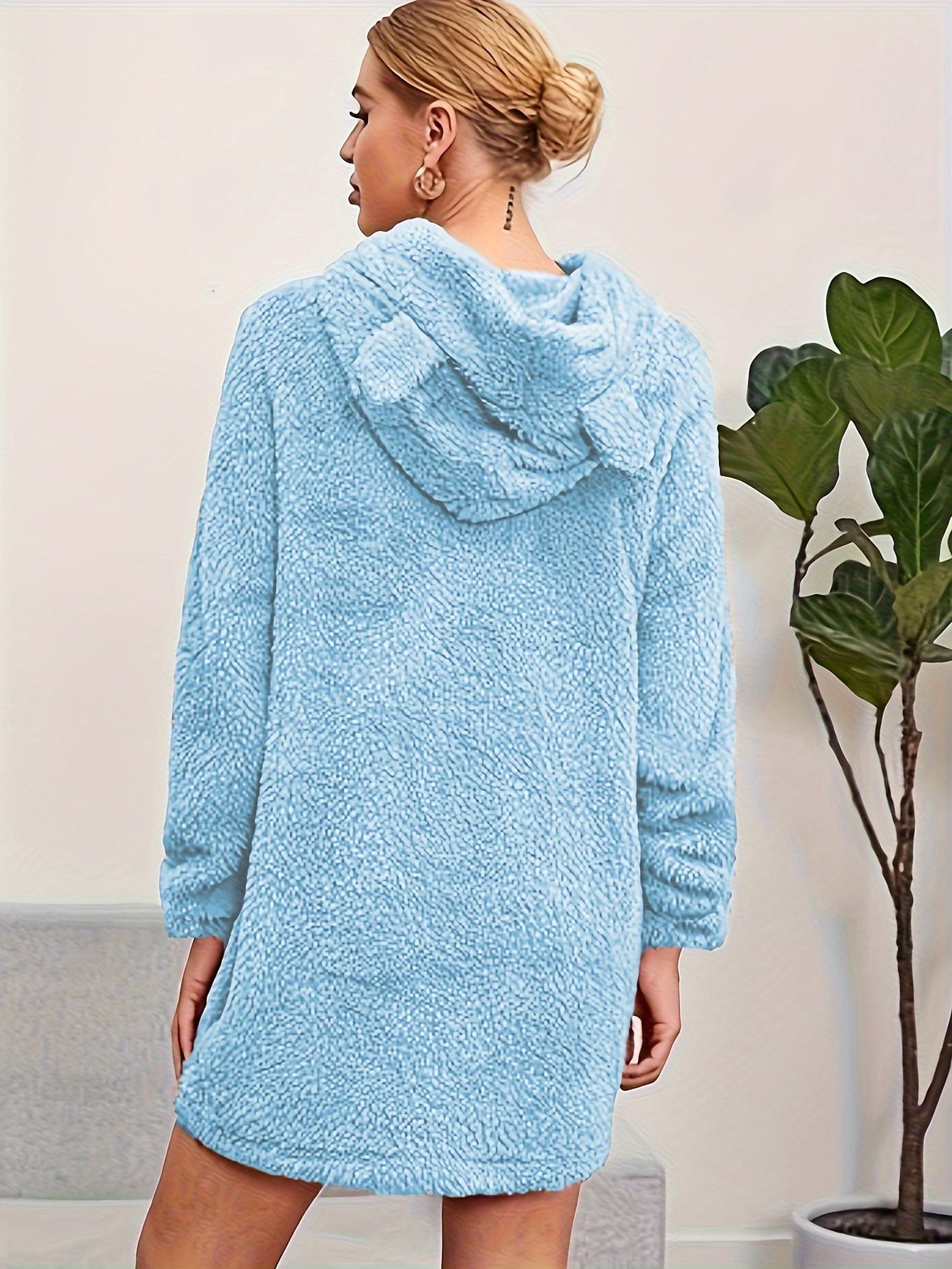 Cozy Fuzzy Solid Color Loose Fit Hooded Dress - Women's Casual Long Sleeve Dresses for Fall & Winter - Soft, Warm, and Comfortable Clothing for Everyday Wear