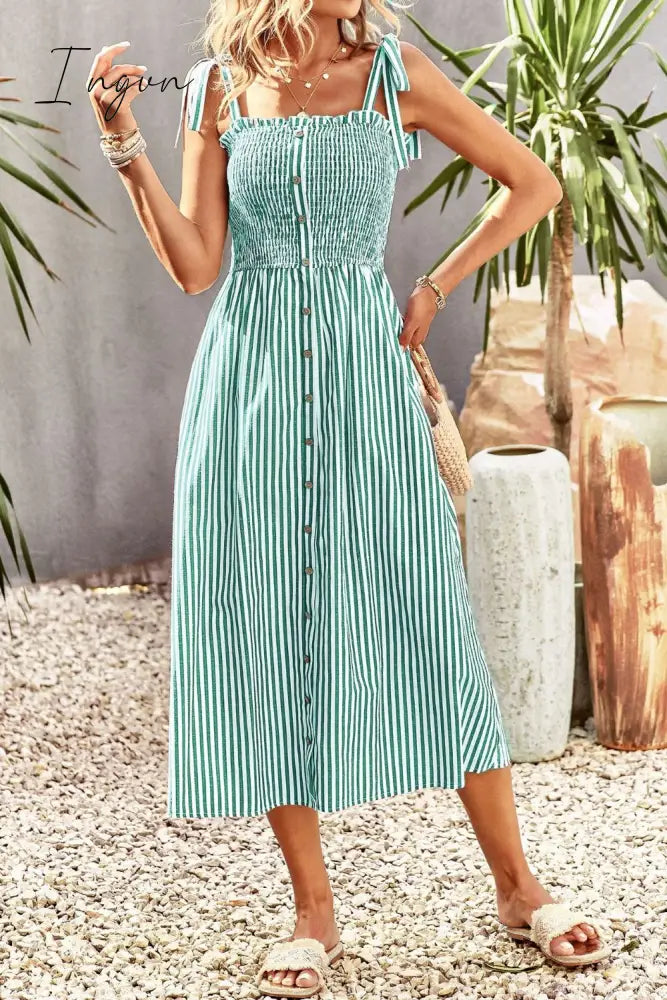 Ingvn - Smocked Tie Strap Sleeveless Striped Midi Dress