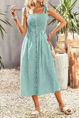 Ingvn - Smocked Tie Strap Sleeveless Striped Midi Dress