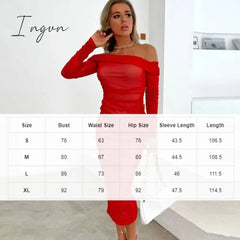 Ingvn - Trends high quality Off Shoulder Ruched Double Layer Mesh Dress Women Long Sleeve Sexy Dresses Ladies Autumn Party Long Christmas Dress