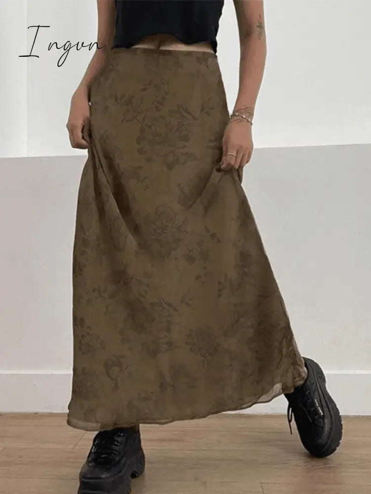 Ingvn - Vintage Mesh Floral Brown Maxi Skirt