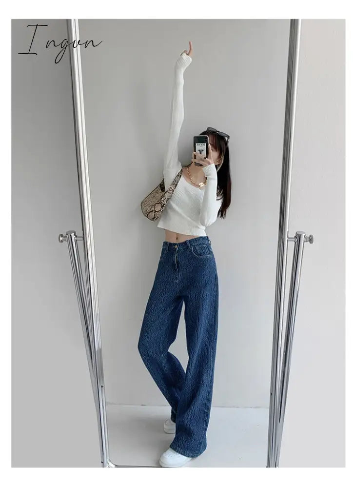 Ingvn - Women Jeans High Waist Casual Streetwear y2k Baggy Office Lady New Fashion Korean Denim Trousers Female Straight Wide Leg Pants