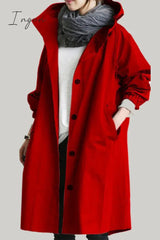 Ingvn - British Style Solid Pocket Buttons Hooded Collar Outerwear