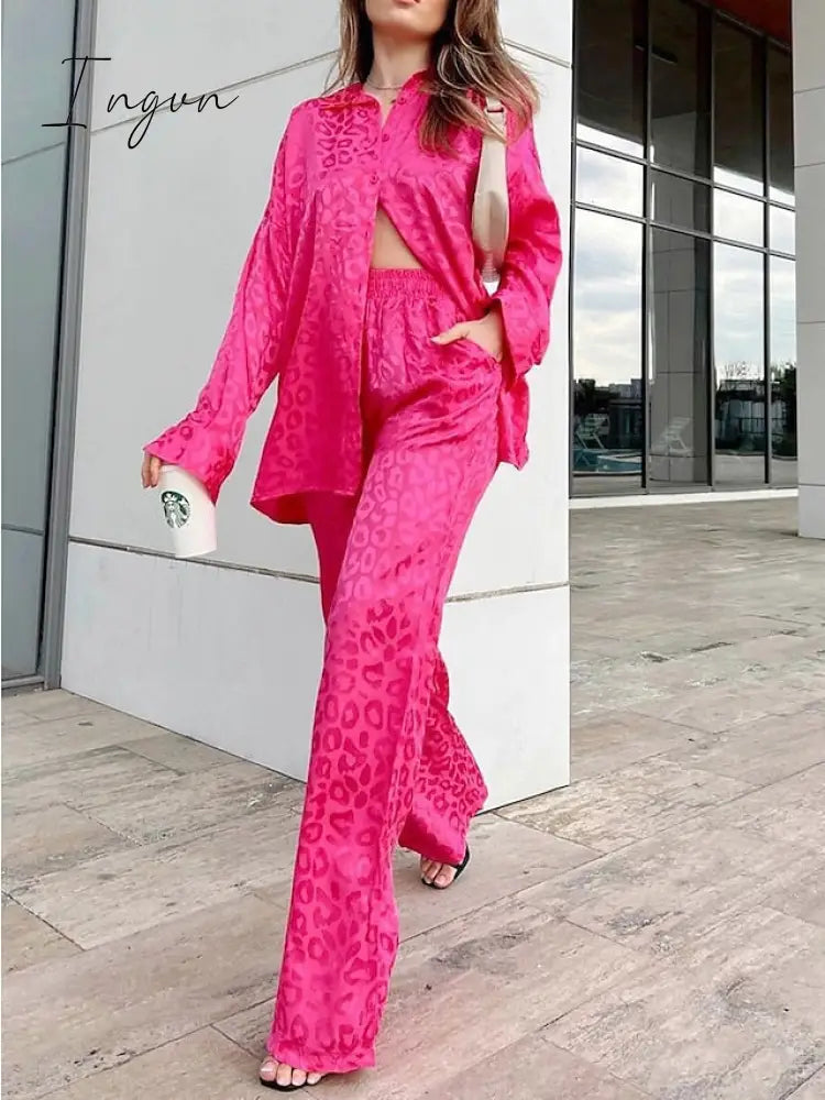 Ingvn - Women's Shirt Pants Sets Black White Red Leopard Print Long Sleeve Casual Daily Fashion Shirt Collar Regular Fit Spring &  Fall
