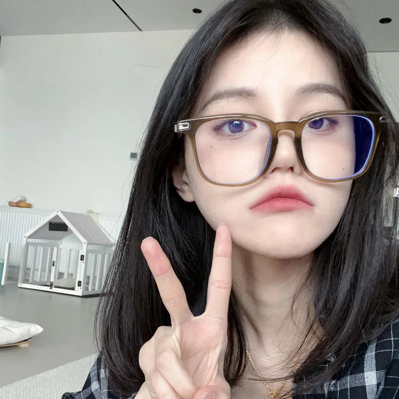 INGVN  Korean Tea Square Glasses Frame Women Lovely Ins No Makeup Plain Glasses Men Eyewear Cute Decorative Computer Glasses
