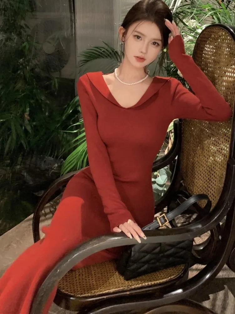 Elegant Solid Knitted Womens Dresses Vintage V-Neck Long Sleeves Evening Party Midi Dress Autumn Female One Piece Vestidos New