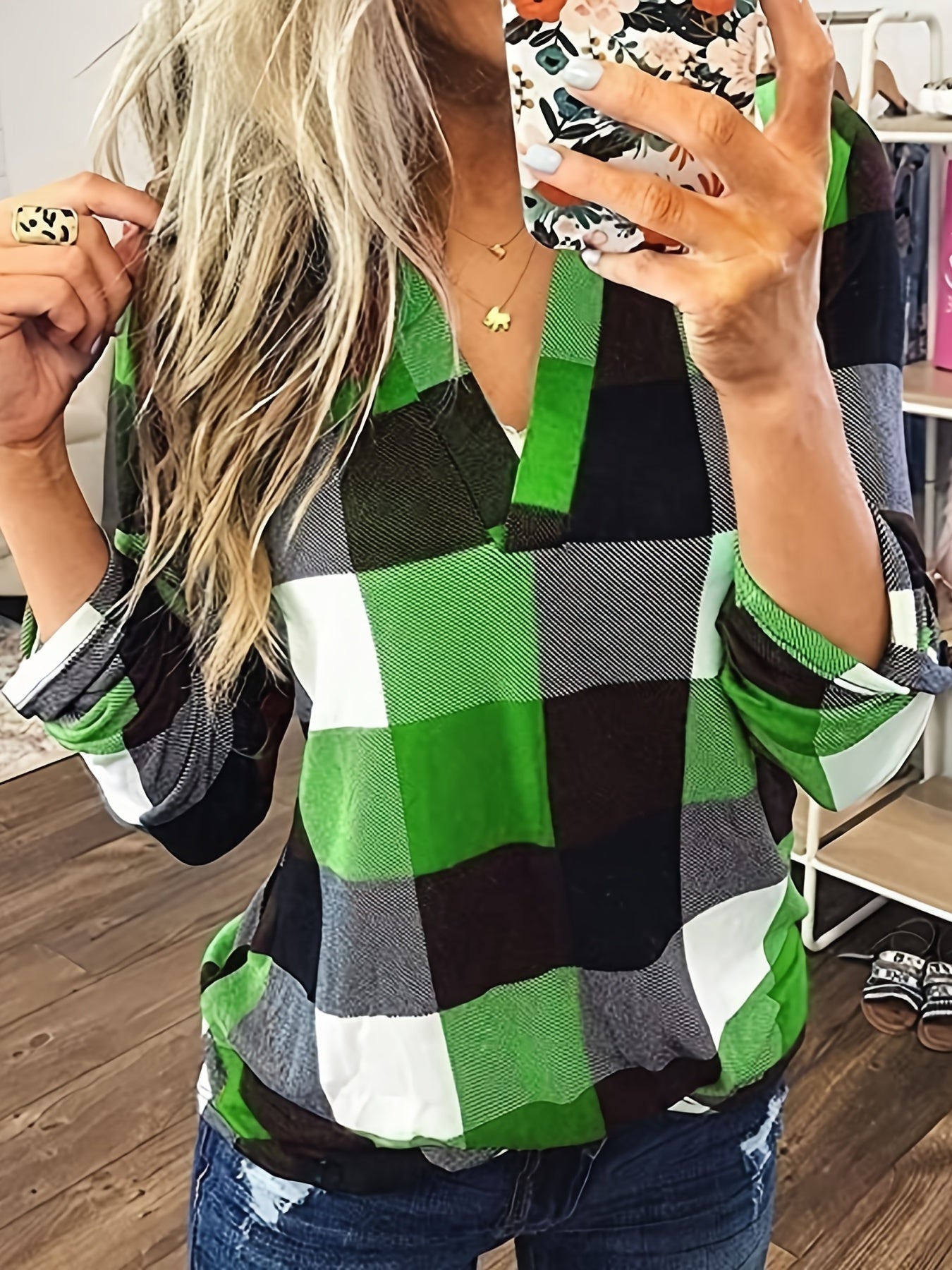 Casual Plaid Shirt, Long Sleeve V-neck Shirt, Casual Every Day Tops, Women's Clothing