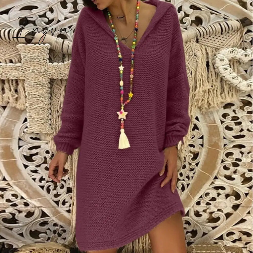Ingvn - Sweater Dress Women Hooded Collar Long Sleeve V-neck Pure Color Knitted Pullover Spring Autumn Oversize Sweaters Pullovers