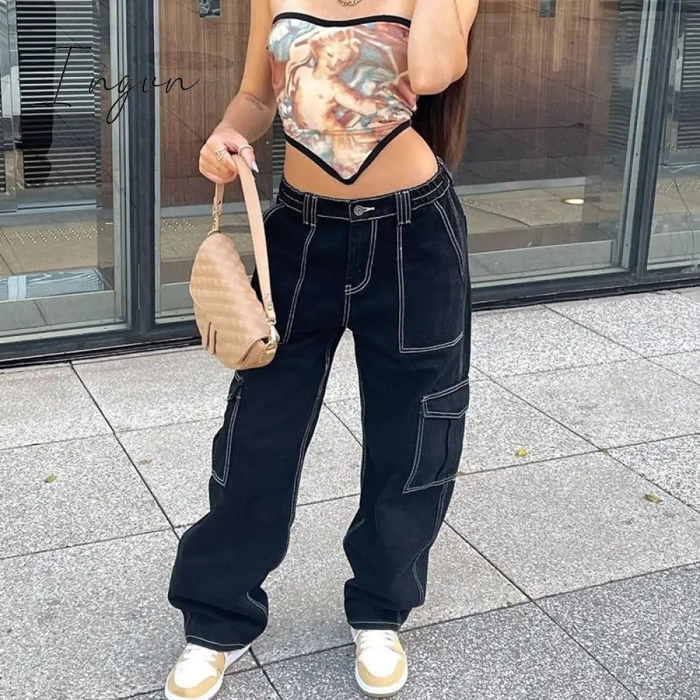 Ingvn - Y2k Cargo Pants Women's Jeans New Fashion Baggy Jeans Denim Overalls 90s Low Rise Pocket Straight Leg Trousers Streetwear