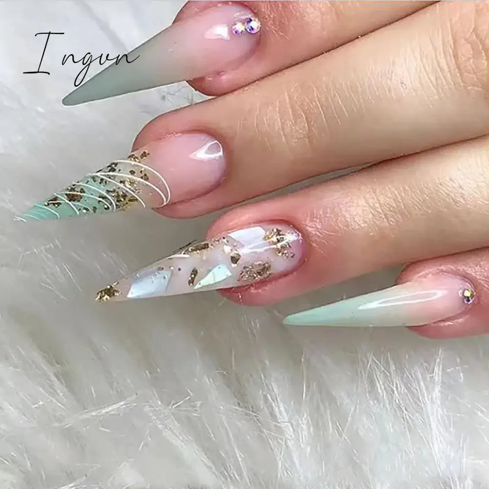 24Pcs 3D Long Almond False Nails Red Nude Ballet Stiletto Wearable Fake Nails MilkTea Color Jelly Full Cover Press On Nail Tips