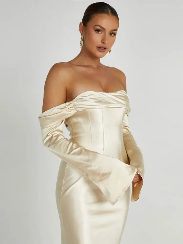 Elegant Women's Backless Satin Autumn Evening Dress Female Flare Long Sleeve Split Maxi Dress Femme Chic Slim Party Dresses
