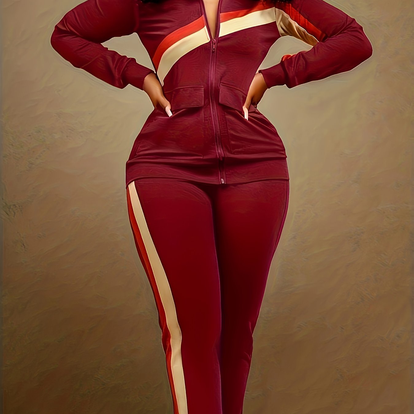 Two-piece Set, Long Sleeve & Long Length, Zip Up, Striped Print Retro Outfits, Women's Clothing