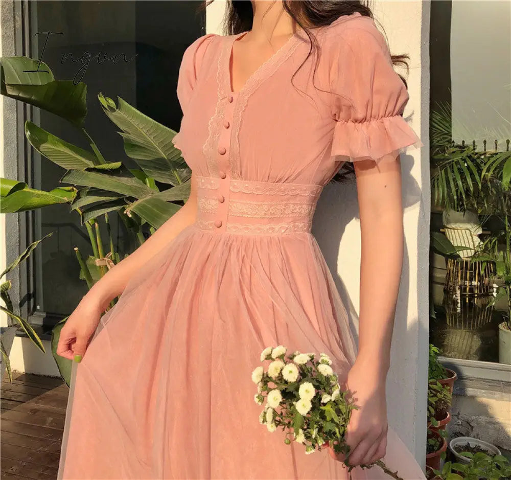 Ingvn - 2023 Summer Mesh Dress Women Puff Sleeve V-neck A-line Slim Korean Style Mesh Retro DressElegant Vintage Vestidos Female News