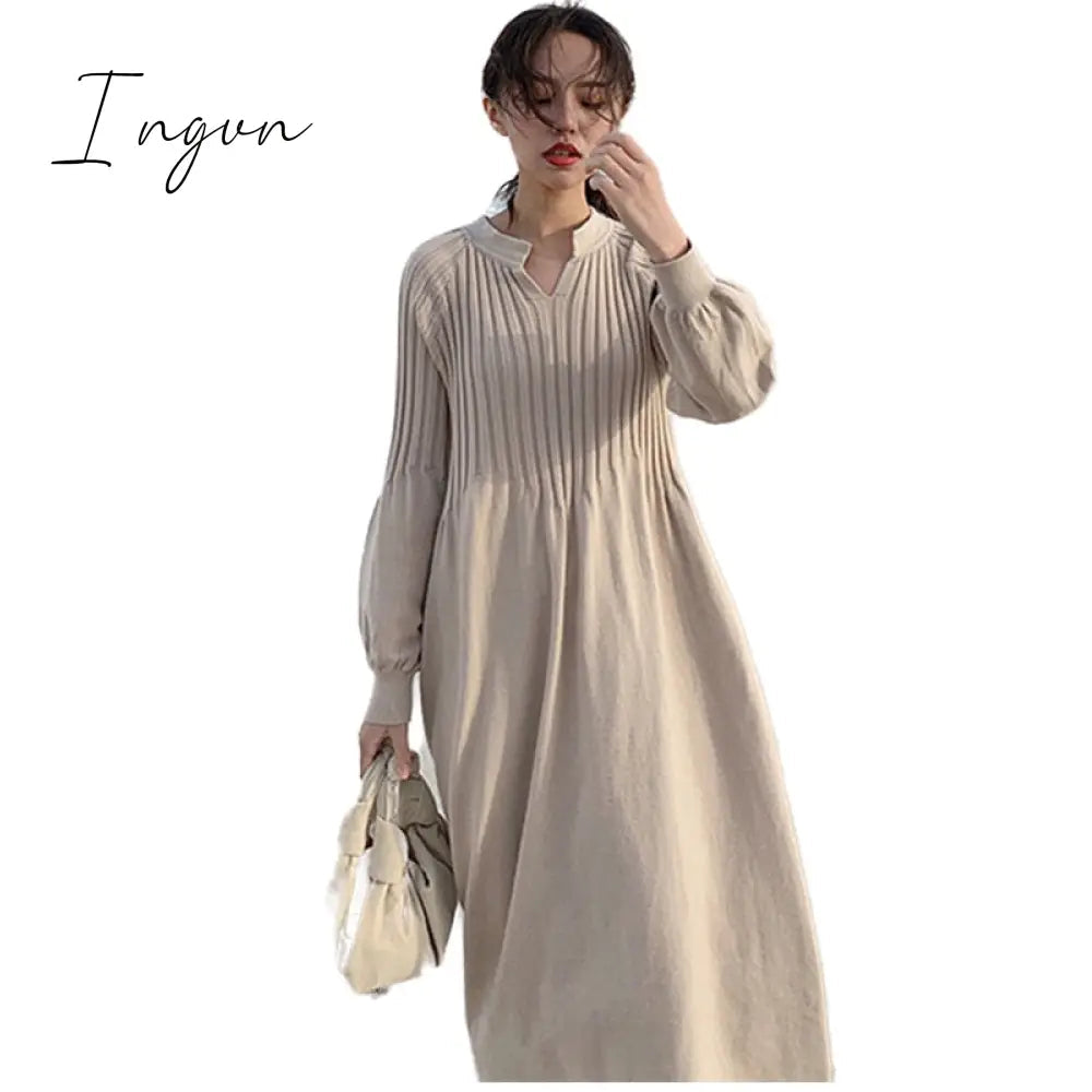 Ingvn - Lamtrip Unique Best Quality Autumn Winter Retro French Girl Chic Knitting V-Neck Long Sleeve Basic Dress Mori Girl