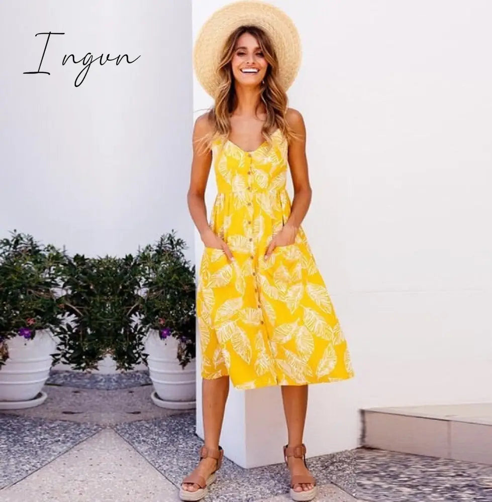 Ingvn - Vintage Casual Sundress Female Beach Dress Midi Button Backless Polka Dot Striped Women Dress Summer Boho Sexy Floral Dress