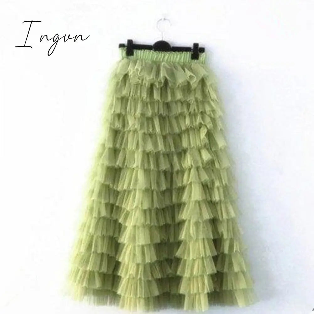 Ingvn - jupe femme Spring Party Skirt Elastic High Waist Long Tulle Skirt Women Multilayer ruffles Pink Mesh Tutu Skirt Ladies