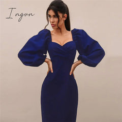 Ingvn - Midi Night Dress Women Long Puff Sleeve A-LINE Ruffled Backless Bodycon Sexy Dress Autumn Winter Elegant Office Lady Prom