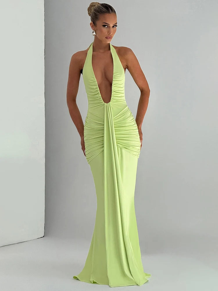 Deep V Neck Backless Ruched Sexy Maxi Dress Women Gown Summer Halter Sleeveless Draped Club Party Long Dress