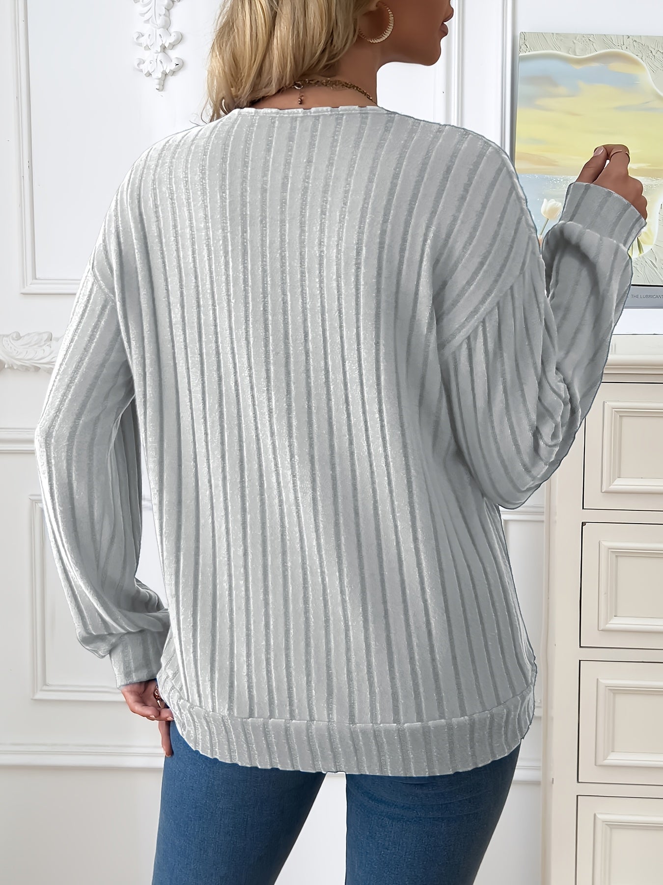 1pc Elegant Women'S V-Neck Ribbed Sweater - 100% Polyester Knit Fabric, Solid Color, Long Sleeve, Regular Length for Spring/Fall