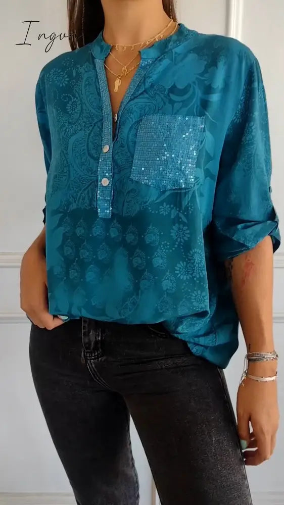 V-neck Half-button Printed Top