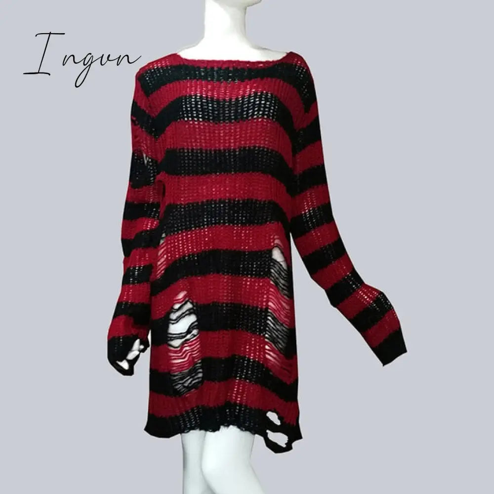 Ingvn - Plus Size Punk Gothic Long Unisex Sweater Dress Women Man Striped Cool Hollow Out Hole Broken Jumper Loose Rock Thin Sweter