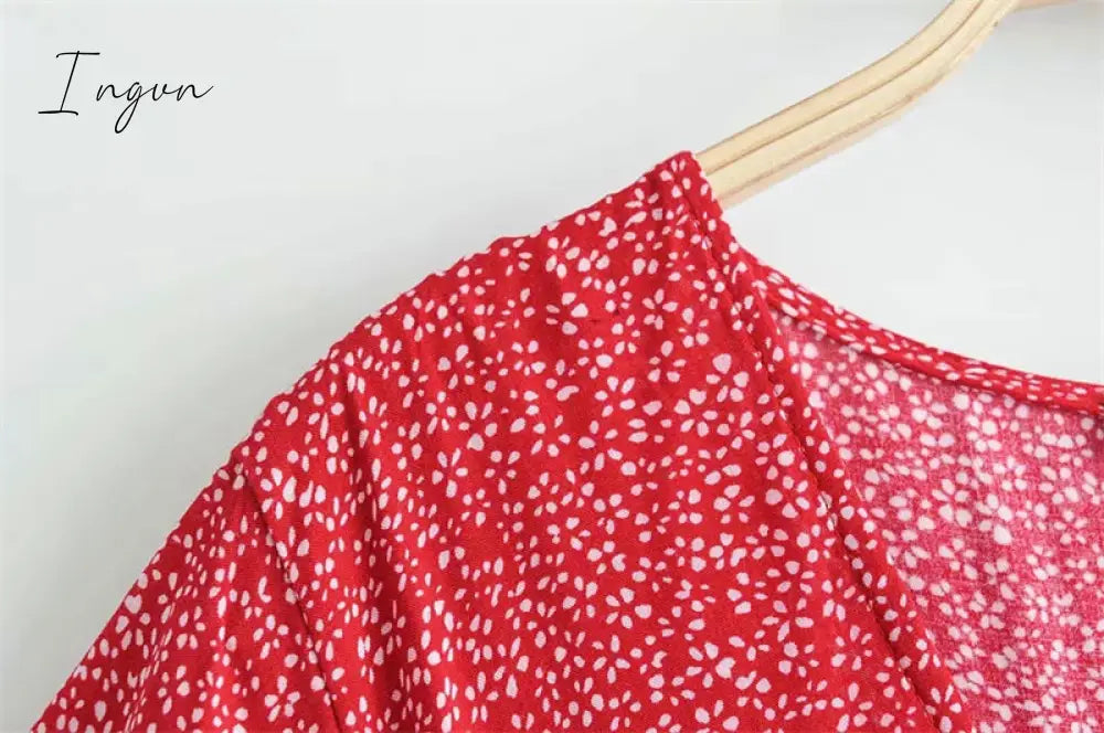 Ingvn - Fashion Trends Red dot Print Boho Long Chiffon Summer Beach Midi Dress Women Floral V-Neck Folds Ruffles Wrap Dresses Casual Split  vestidos