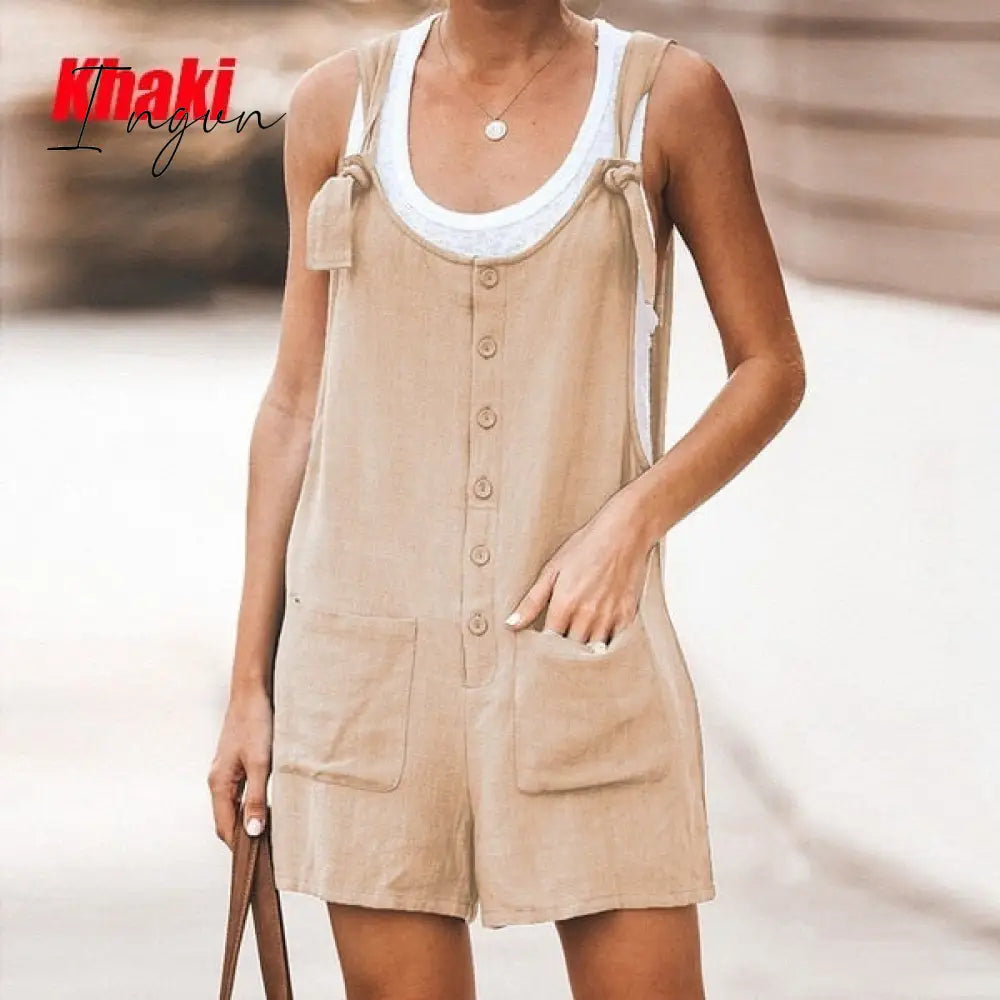 Ingvn - Summer Women Sleeveless Overalls Elegant Jumpsuits Romper Casual Vintage Ladies Short Pants Cotton and linen Wide Leg Pants