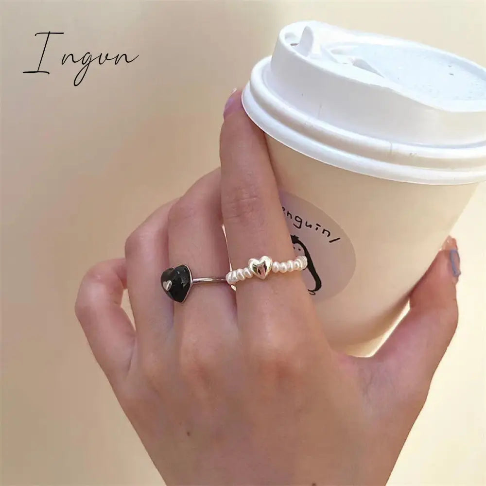 Kpop Vintage Trend Black Heart Open Adjustable Rings Pearl Beaded Ring for Women Aesthetic Jewelry Wedding Gifts Accessories