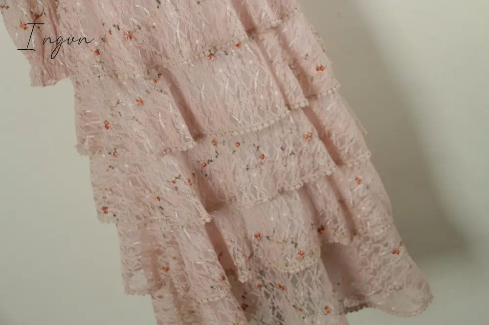 Ingvn - Pink Lace Embroidery Maxi Dress Female spring Winter Full sleeve high waist Ruffle elegant Long party dresses Woman