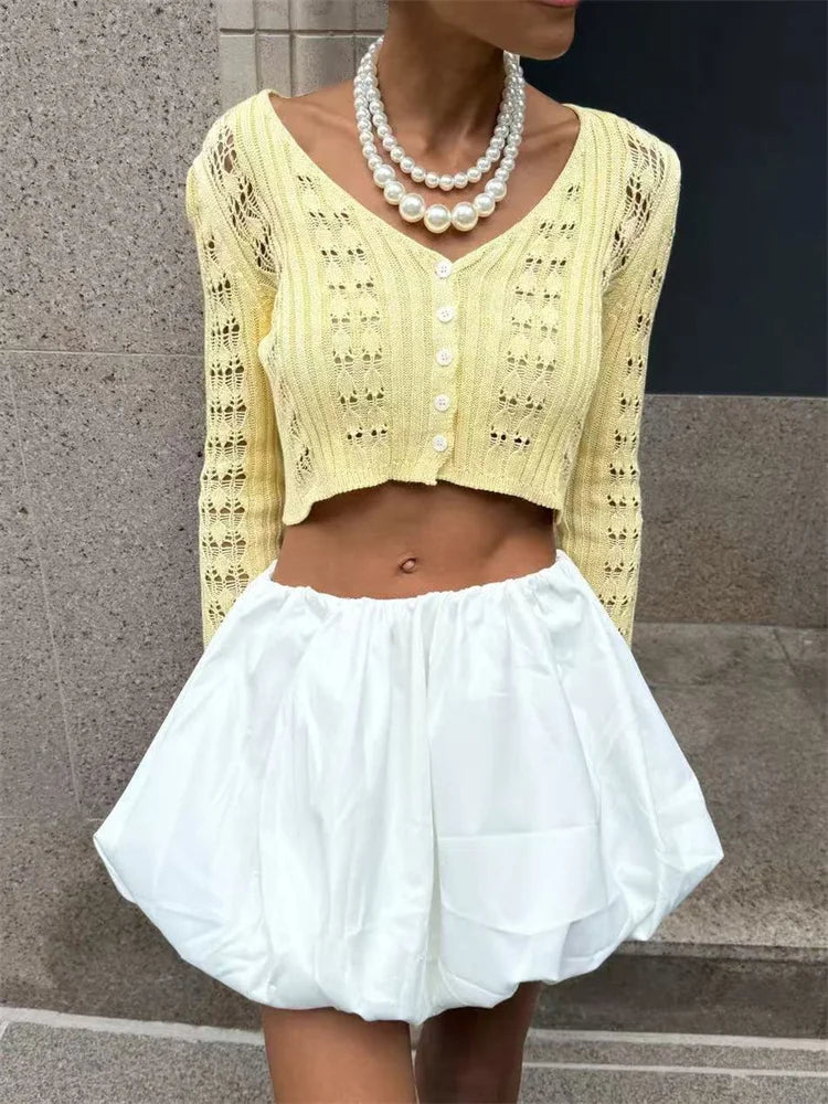 Knitwear Hollow Out Sweater Cardigan Women V-Neck Long Sleeve See-Through Cropped Top Summer Knit Patchwork Cardigan Top