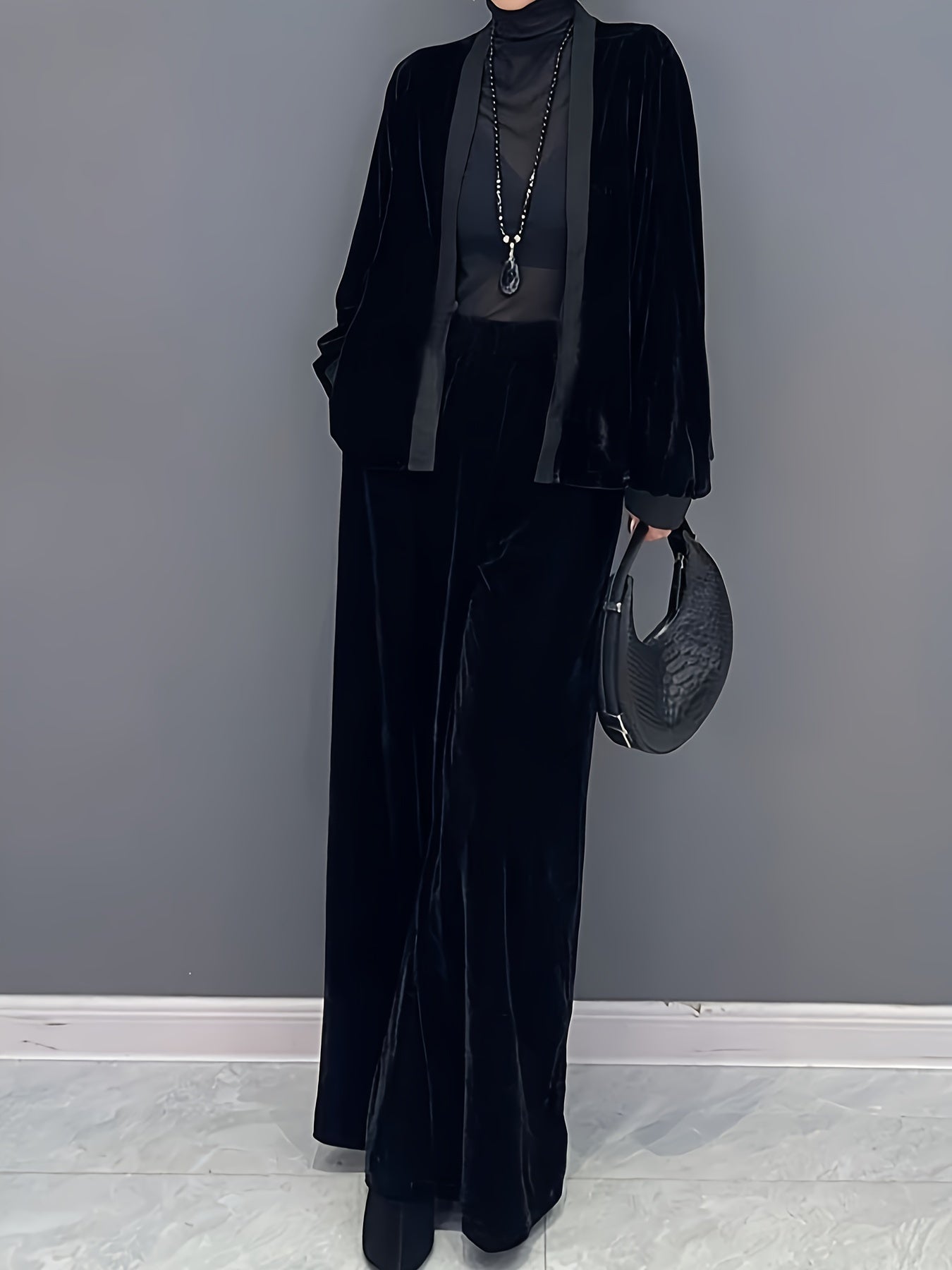 2 Pcs Velvet Solid Color Long Sleeve Open Front Top & Wide Leg Pants Outfit, Women's Clothing