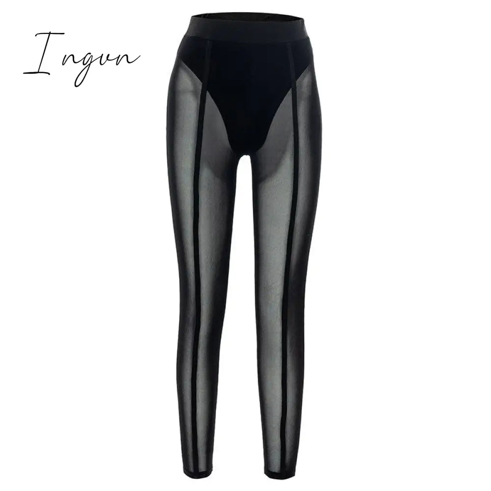 Ingvn - New Sexy See-through Black High Waist Long Trousers Casual Sweatpants Women Autumn Elastic Pencil Pants Mesh Leggings