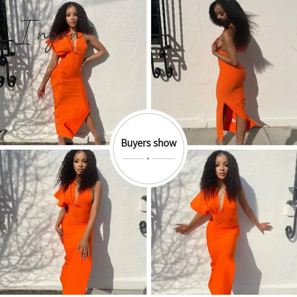 Ingvn - 2023 Fashion Trends Draped Backless Women Side Split Evening Club Party Dress New Sexy V Neck Orange Black Long Bandage Dress Vestidos