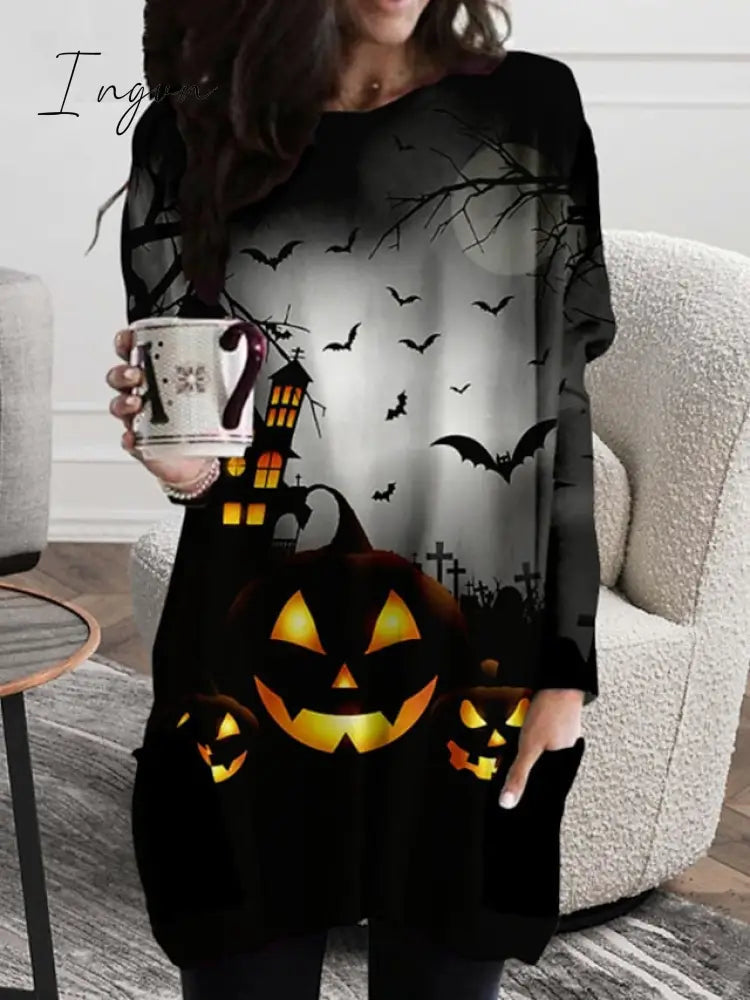 Ingvn - Women‘s Halloween Dress Casual Dress T Shirt Dress Tee Dress Shift Dress Mini Dress Black Long Sleeve Pumpkin Print Fall Winter Autumn Crew Neck Stylish Loose Fit 2023 XXS XS S M L XL 2XL 3XL 4XL 5XL