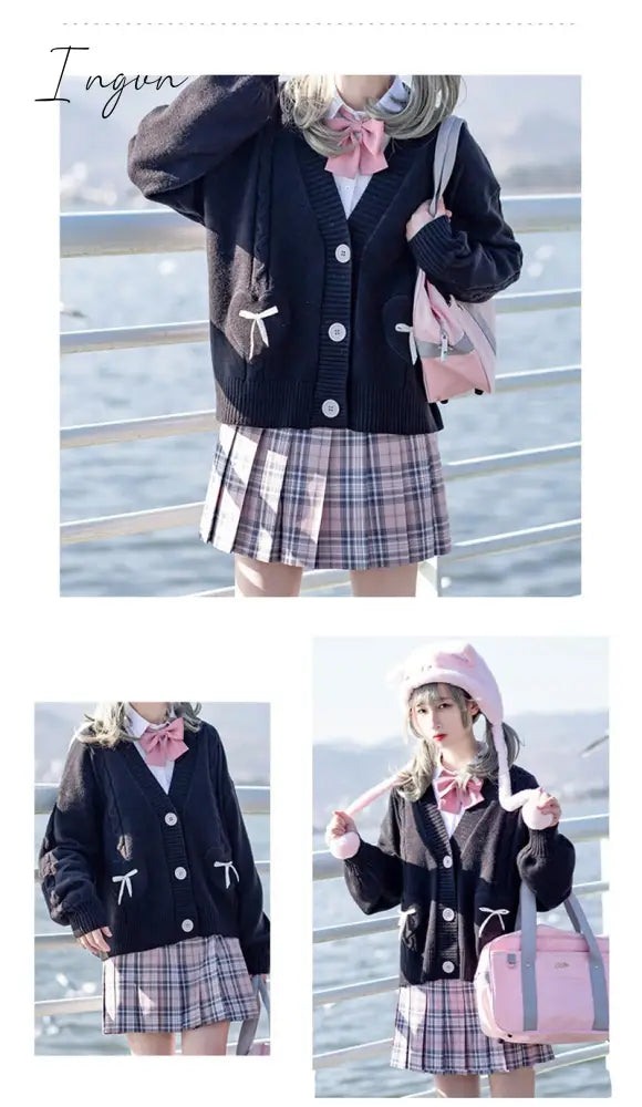 Ingvn - Spring Japan Kawaii Fashion Pink Cardigan Women Vintage Crop Knitted Sweater Cute Bow Heart Korean JK School Coat
