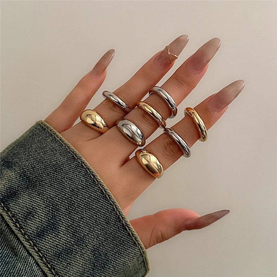 INGVN  8Pcs/Set Creative Smooth Water Drop Rings for Women Vintage Geometric Adjustable Open Finger Nail Ring Couple Wed Accessories
