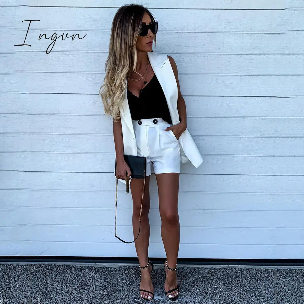 Ingvn - Women Sleeveless plaid button up elastic waist Blazer Top and pocket short Set Elegant Office Ladies Suits Women Workwear