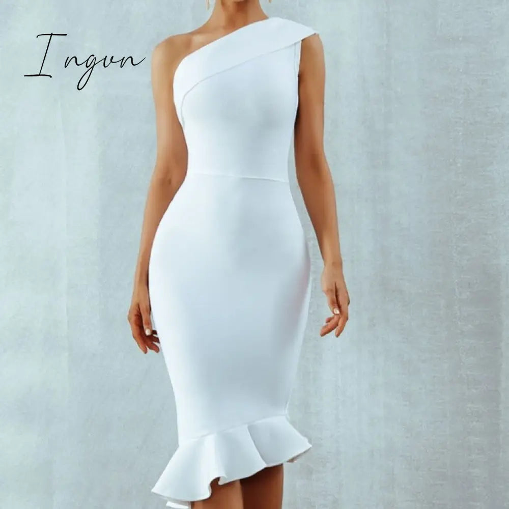 Ingvn - New Summer Women Bandage Dress Sexy One Shoulder Sleeveless Ruffles Nightclub Celebrity Evening Party Mermaid Dresses