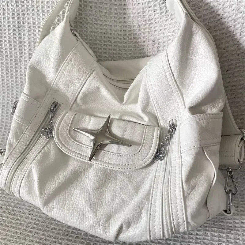 INGVN  Y2k Large Capacity Shoulder Bag White Pu Leather Cross Handbag American Style Punk Goth Fashion Simple Designer Handbag